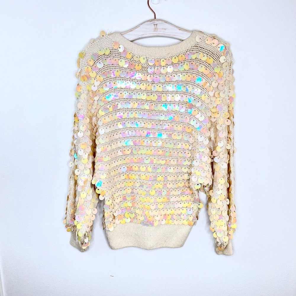 Vintage Semplice Pailette Sequin Dolman Sleeve Cream Sweater 1980s 80s Medium - Picture 3 of 5